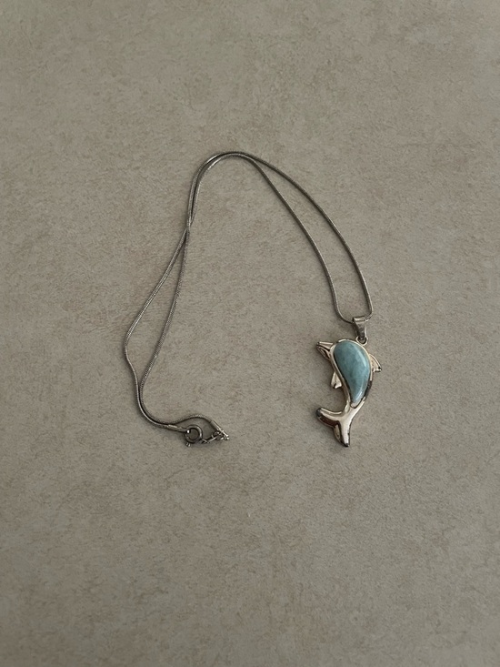 Jewelry - Silver Dolphin Pendant Necklace with Turquoise Inlay